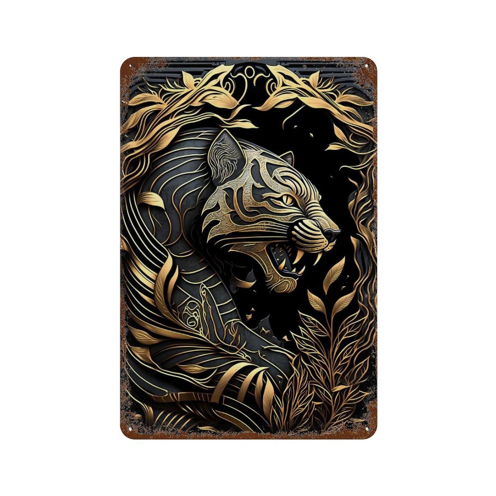 Aged Metal Wall Plaque with King Tiger Of The Jungle Design 11.8"x7.9", for Shed, Workshop And Garage Wall Decor, Decorative Metal Wall Art