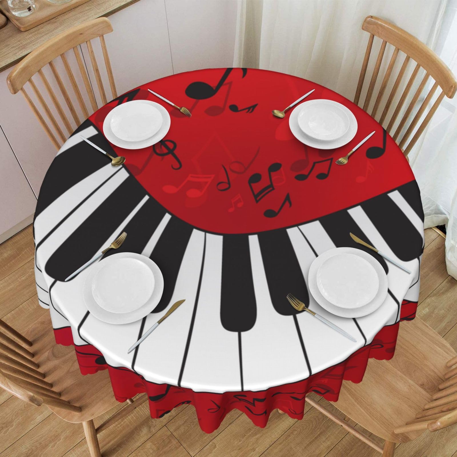 DCEHGEW 60 In Round Tablecloth with Lace, Music Note Piano Printed Oilproof & Washable Fabric Picnic Table Cloth Table Covers