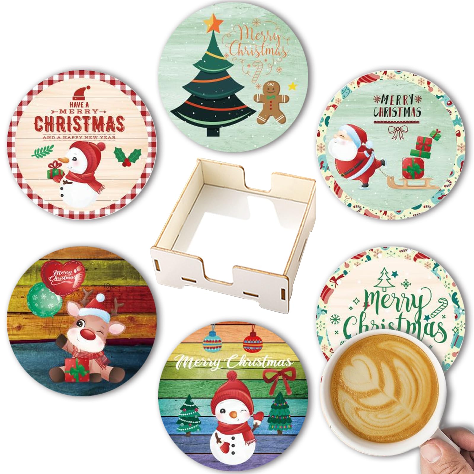 HTTDSLF Set of 6 Coasters, Wooden Coasters for Drinks Wood Coasters, Coasters with Holder and Cork Base