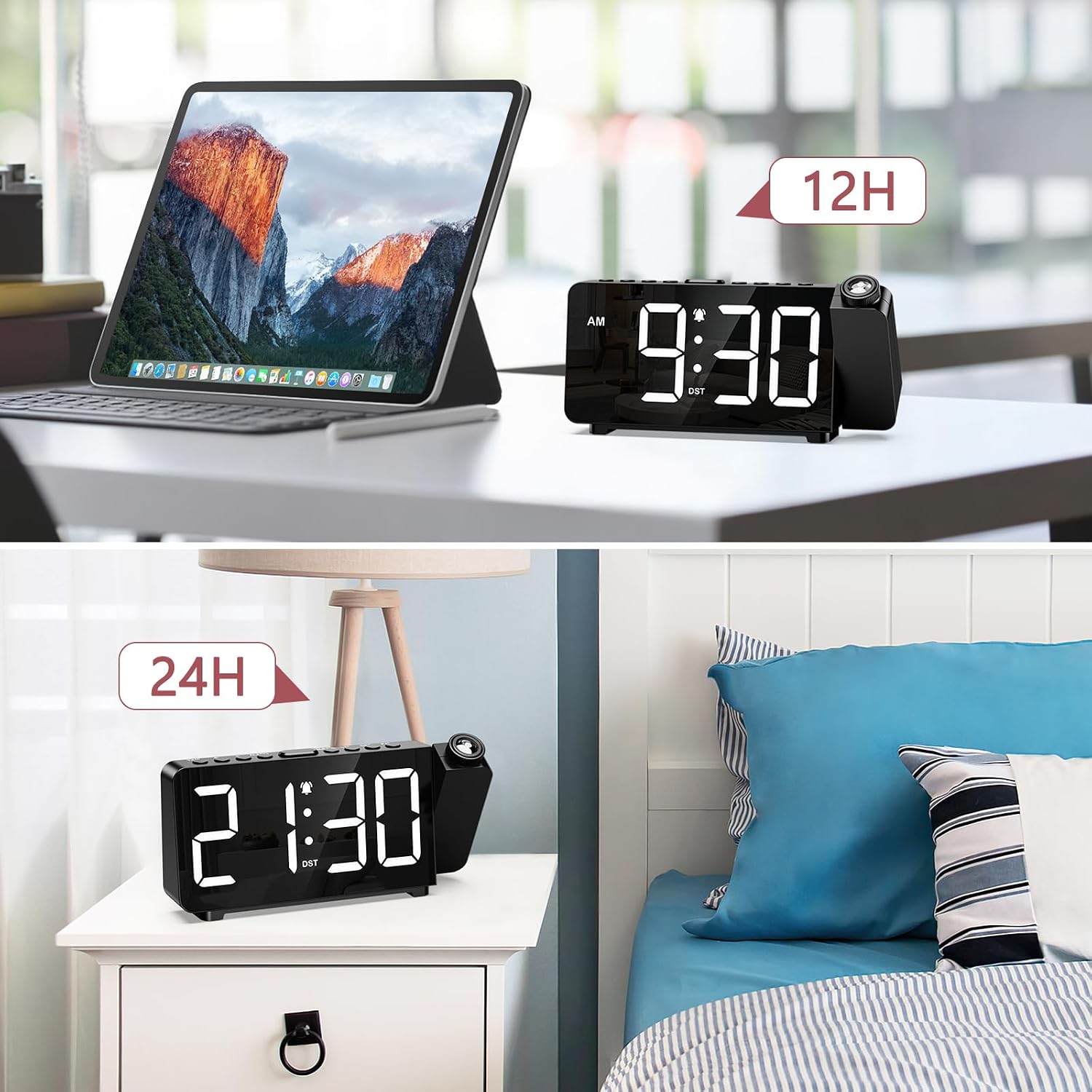 LOFICOPER Projection Alarm Clock, 180° Rotatable Projector, 16ft Distance