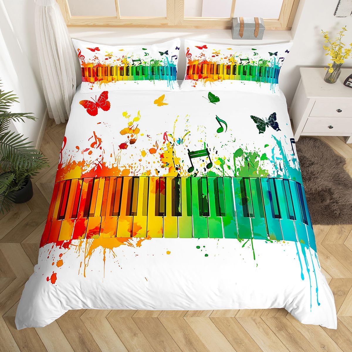 Erosebridal Musical Notes Duvet Cover Twin Size,Rainbow Piano Keys Bedding Set for Girls Teens Women,Jazz Music Theme Comforter Cover,Colorful Tie Dye Bedding Quilt Cover with 1 Pillow Case
