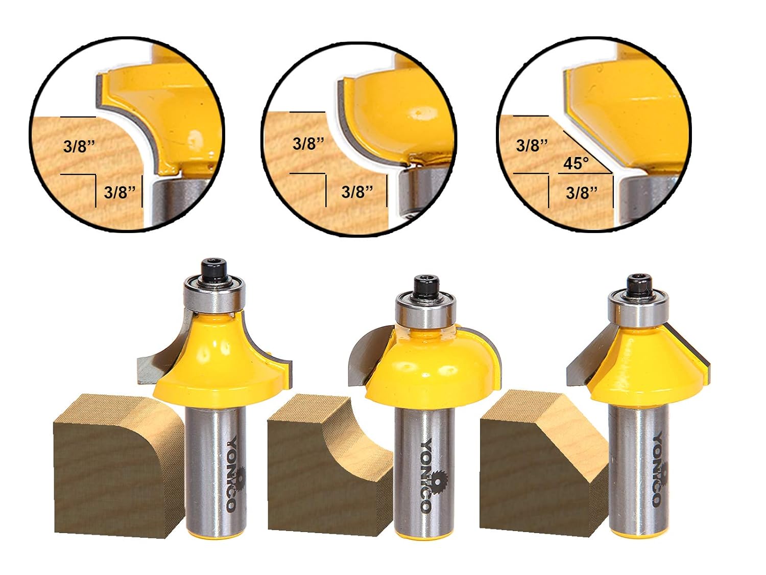 YONICO Edge Forming Router Bits Set 3 Bit 3/8-Inch 1/2-Inch Shank 13311