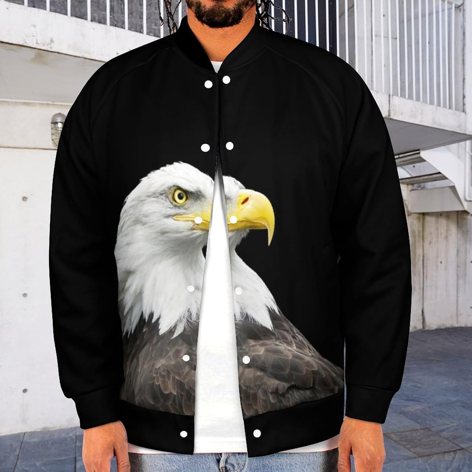 Bald Eagle on Black Men's Baseball Bomber Jacket Casual Baseball Coats Printed Streetwear with Pocket