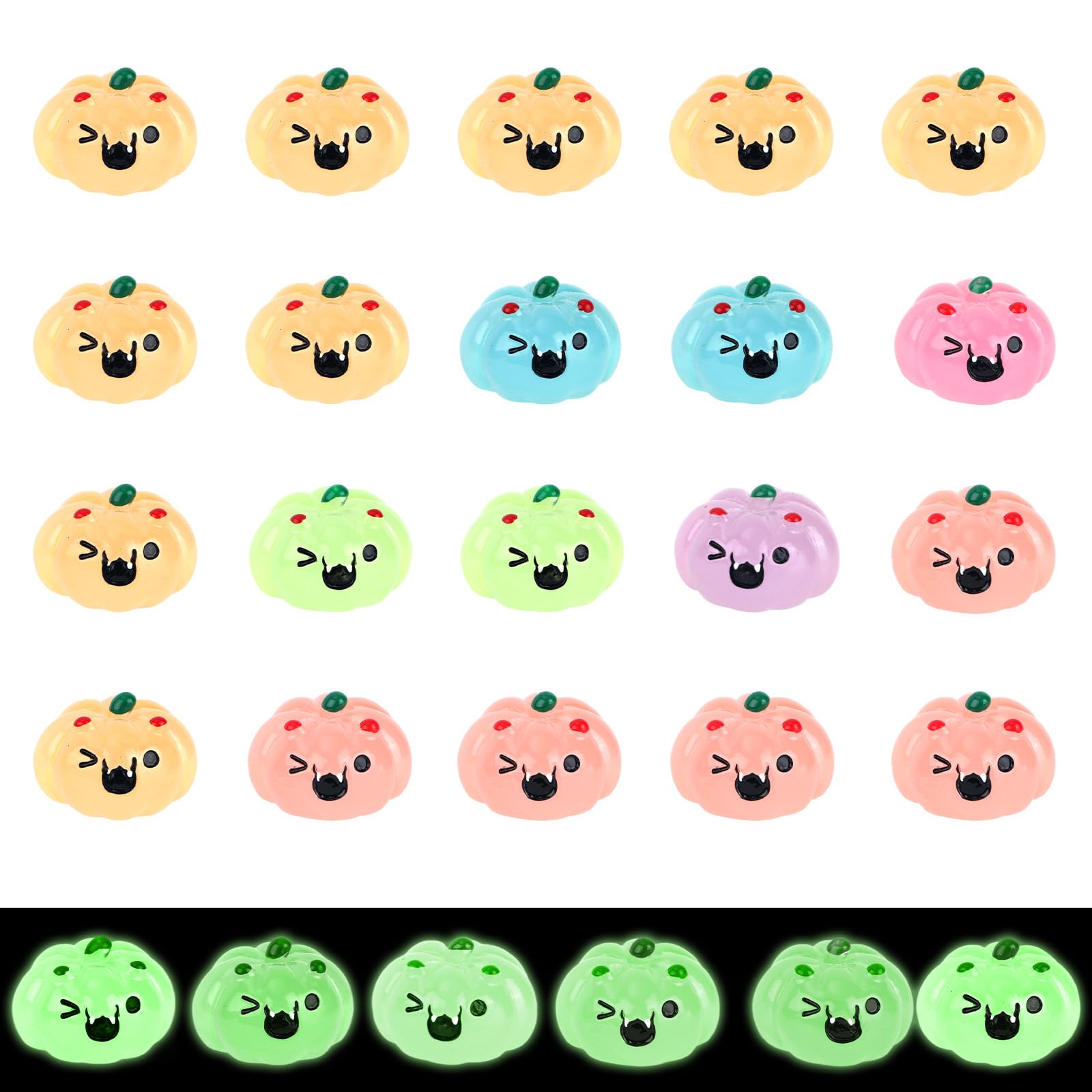 20pcs Luminous Mini Resin Pumpkins, Tiny Halloween Pumpkin Figurines Miniatures Glow in The Dark Toy Small Resin Statue Decorations for Halloween Party Dollhouse DIY Craft Home Office Decor(6 Colors)