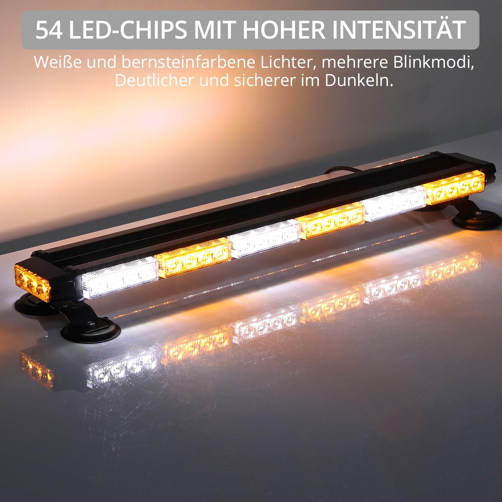 Justech 54LEDs Warnleuchte Rundumleuchte 27 Modi Blitzleuchte Schraube Starker Magnet Amber + Weiß Decke Licht 12/24V Notfallblinklampe mit E57 Blinklicht 5m Netzkabel Doppelschalter Metallhalterung