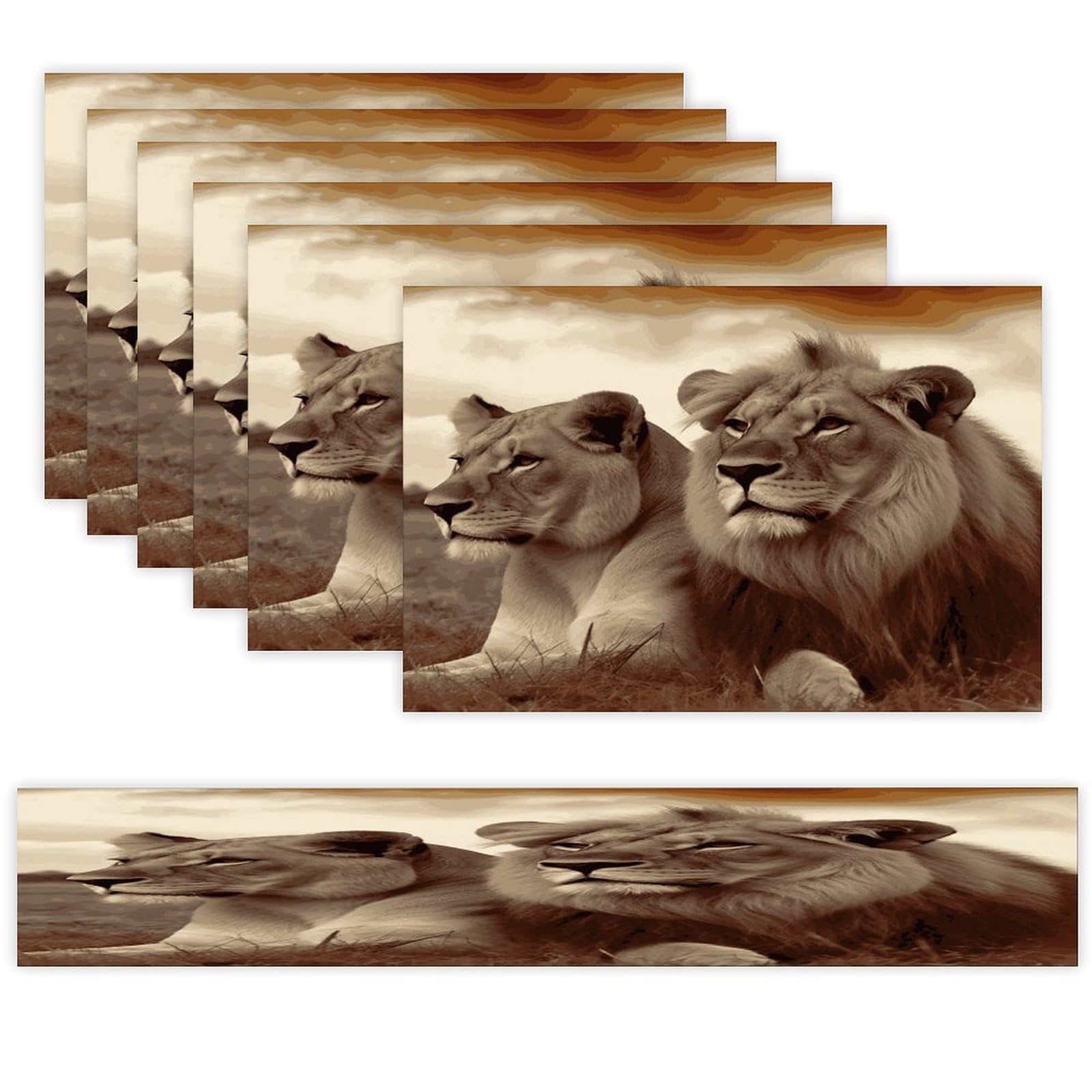 African Lion and Lioness Table Runner and Placemats Set of 6 Wipe Clean Heat Resistant Table Mat with Table Runner Decorations Flax Linen Place Mat Set for Home Kitchen Party Supplies