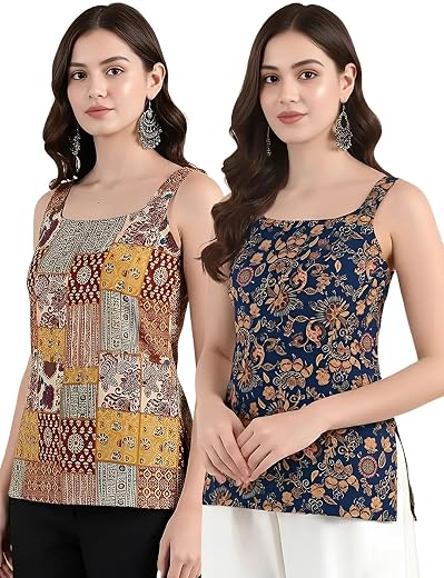 Pinkmint Women Kurti Tops | Sleeveless Printed Kurti for Women | Cotton Blend Short Kurta Tops | Casual, Office Wear, Coll...