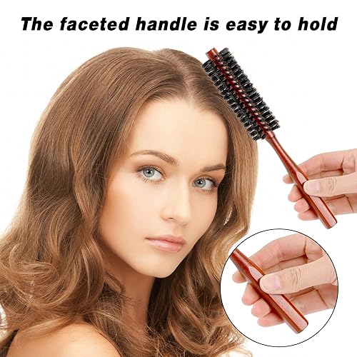 Miniatura 5 de Cepillo de pelo redondo pequeño para cabello fino o corto, cepillo de pelo de cerdas de jabalí natural con mango de madera, mini cepillo