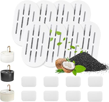 MISFANS Ceramic Cat Water Fountain Filters, 8 Filters and 8 Sponges | Triple-Layer Filter, Cotton, Activated Carbon and Ion Exchange Resin, Pre-Soak 5 Minutes, Replace Every 1-2 Weeks, Verify Fit