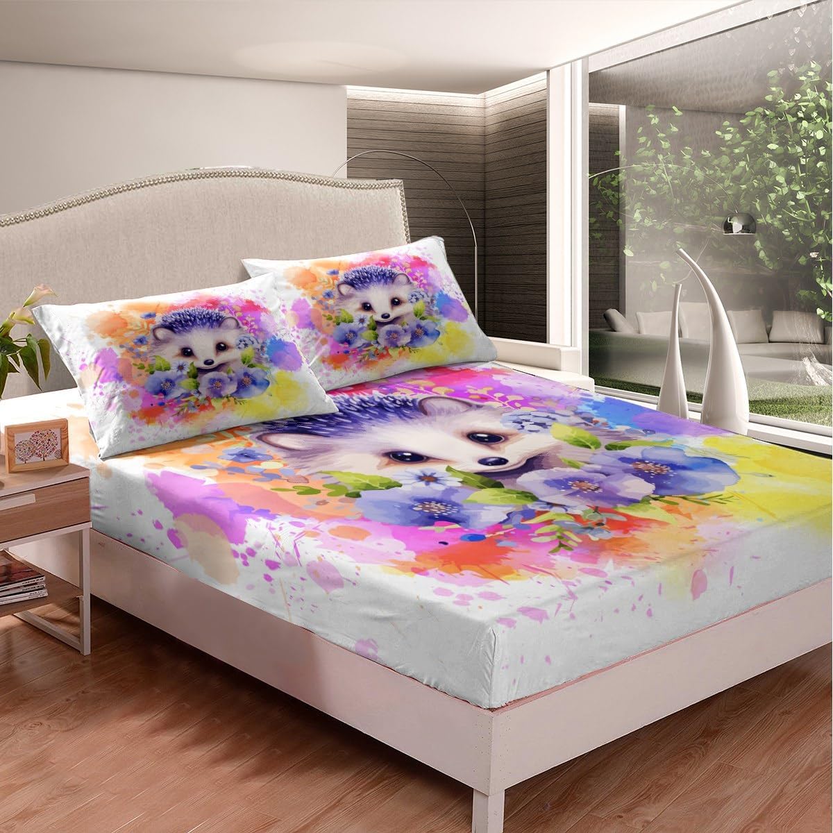 Cartoon Hedgehog Kids Fitted Sheet Full Size,Watercolor Tie-dye Boho Exotic Bedding Set,Boys Girls Adults Room Decor,Wild Animals Flowers Romantic Bed Cover,Cute Bed Sheet,2 Pillowcases