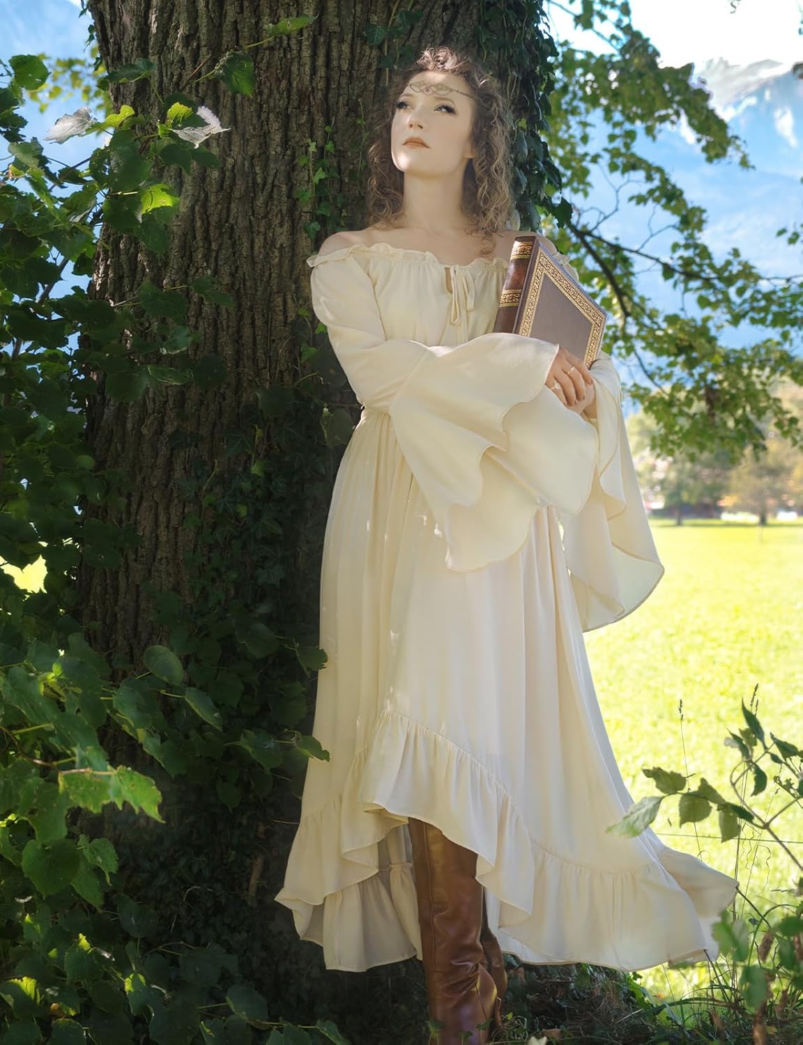 Scarlet Darkness Renaissance Dress Women Off Shoulder Bell Sleeve Peasant Pirate Dress - Image 3