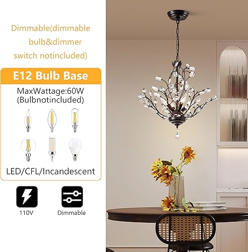 Miniatura 6 de Maxax Candelabro de cristal vintage de 4 luces de 18 pulgadas, lámpara moderna negra, sofisticada lámpara antigua de montaje empotrado para comedor,