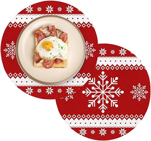Miniatura 8 de Paquete de 2 manteles individuales redondos trenzados, telón de fondo rojo con copos de nieve blancos de 15 pulgadas, lavables, resistentes al