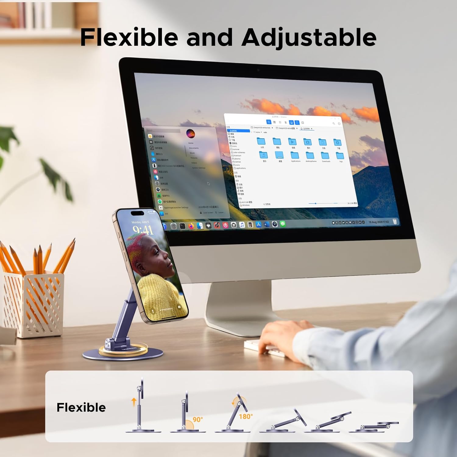 UGREEN Magnetic Phone Stand for MagSafe, Height Adjustable iPhone Stand for Desk with 360° Rotation, Black+Grey