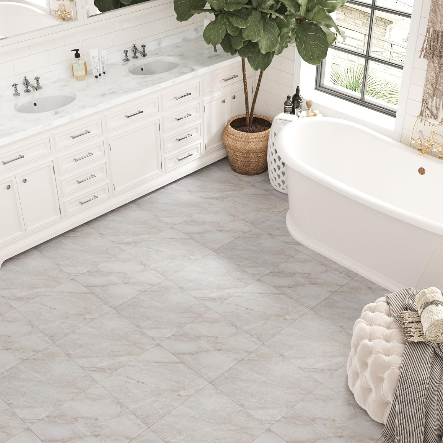 VaryStyle 12"x12" Bathroom Floor Tiles Peel and Stick Waterproof Marble Floor Tile Removable Sticky Tiles for Floor Beige Gold Vinyl Flooring Laminate Sheet for Kitchen Bedroom Living Room 18-Pack