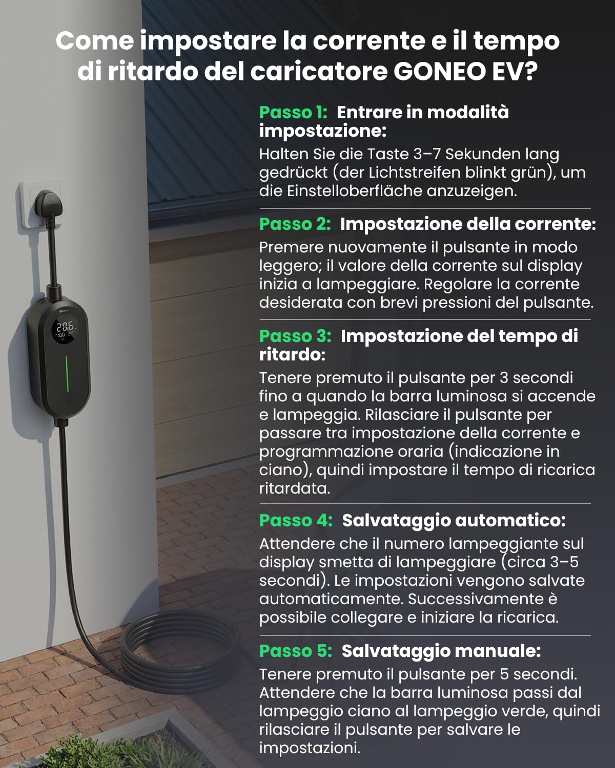 GONEO Tipo 2 Cavo di ricarica Schuko 3,68 kW, regolabile a 6A-16A, 8 ore di ritardo, grado di protezione IP66, cavo di ricarica 8 m, tipo 2, con custodia