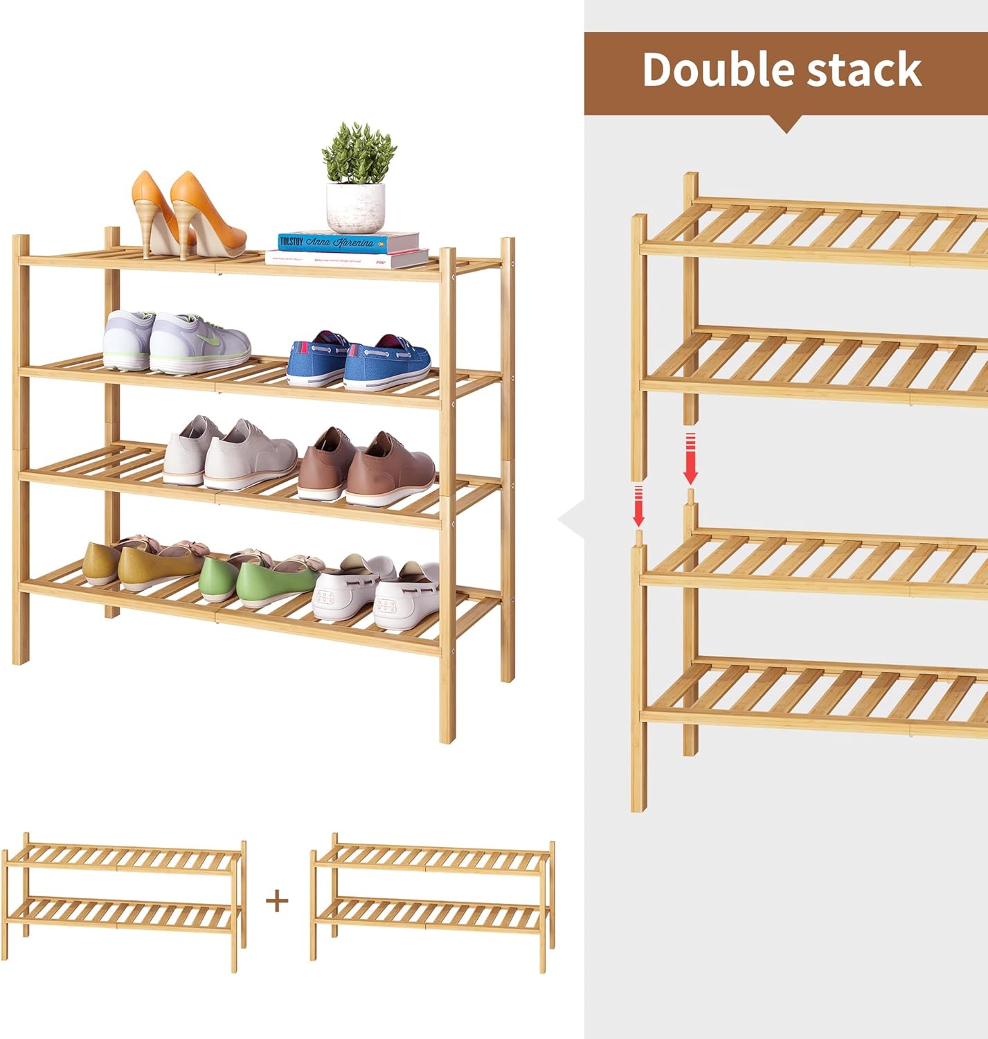 FILWH Bamboo Shoe Rack Stackable Shoe Shelf Storage Organizer for Unit Entryway Hallway and Closet Sturdy Freestanding Shoe Shelf (4 Tier Natural)