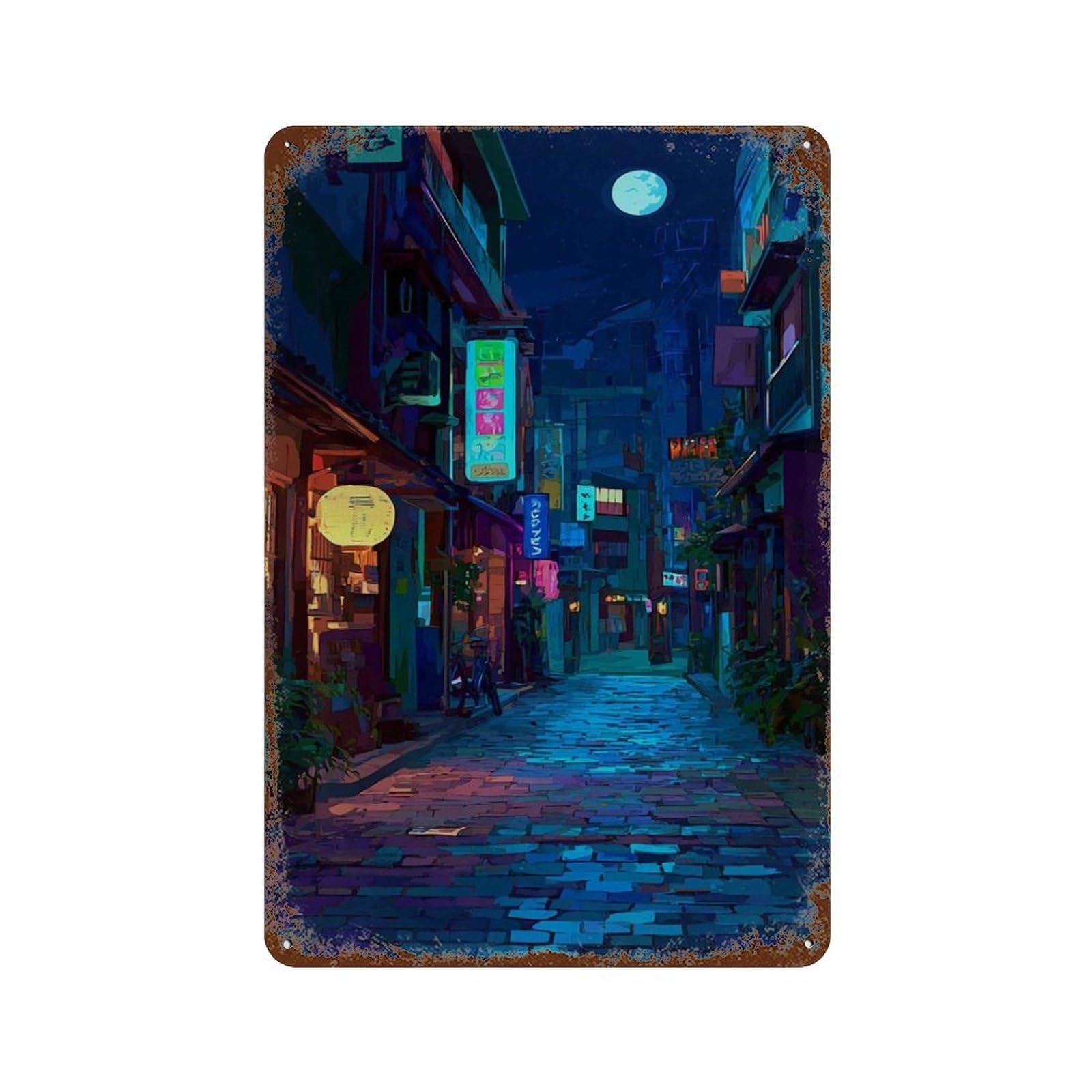 xiaoxiaoshen Japanese Night Street Anime Cityscape Neon Moonlit Alley Urban Japan Work Wall Decor Art Metal Tin Poster Modern Home Decor Art Home Bar Shop Decorations Vintage Sign 30x20cm