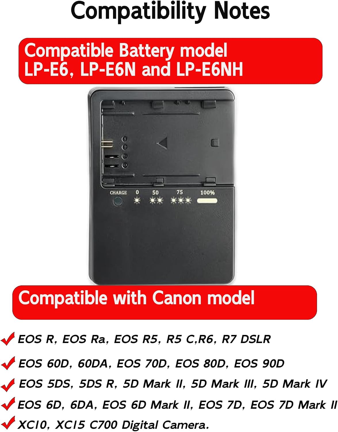 LC-E6 Battery Charger Compatible with Canon LP-E6 LP-E6N LP-E6NH, Replacement Camera Charger for EOS R5 R6 R7 5D Mark II III IV 6D 7D 70D 80D 90D