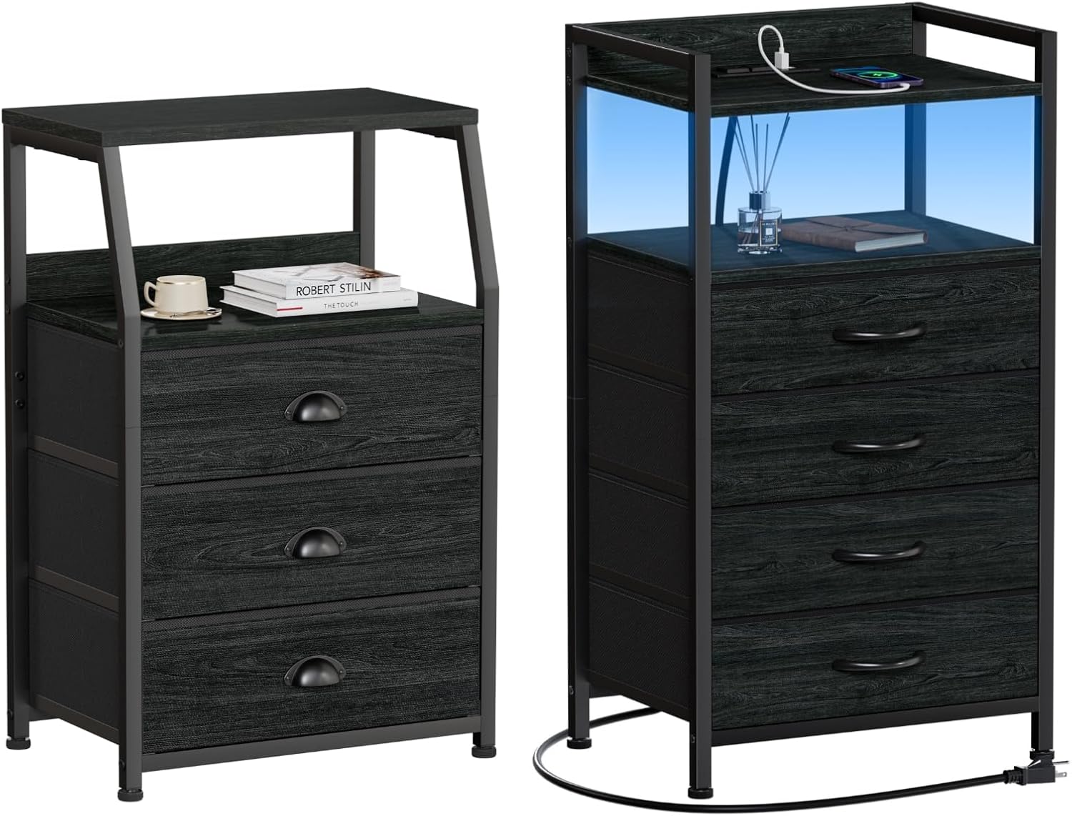 Furnulem Black Dresser for Bedroom, Small Nightstand with 3 Fabric Storage Drawers and 2-Tier Shelf, Tall Black Dresser for Bedroom with Led Light and Charging Station
