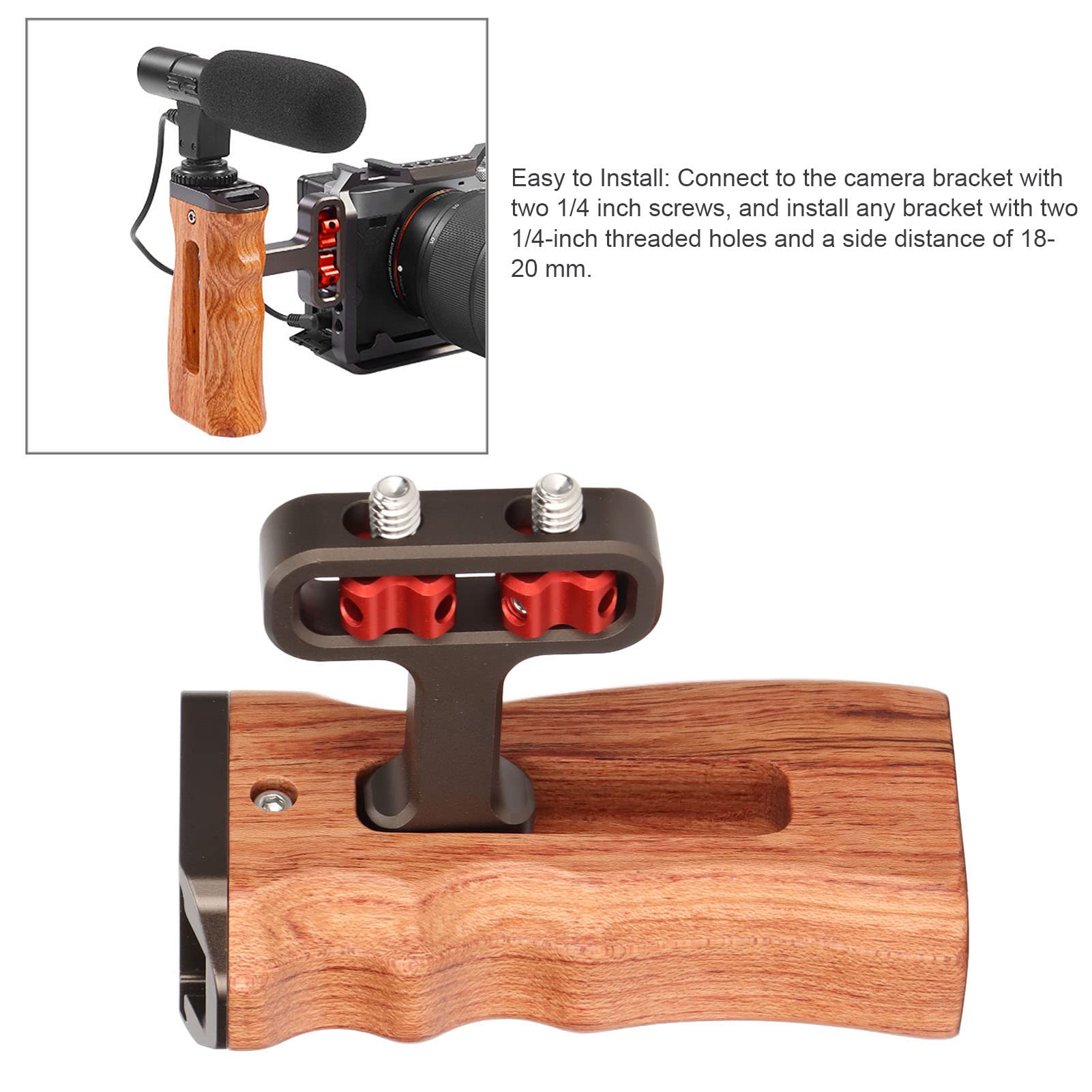 Impugnatura laterale universale in legno, manico in legno naturale brasiliano per fotocamera DSLR, impugnatura ergonomica regolabile con slitta fredda e foro filettato da 1/4 di pollice per microfoni