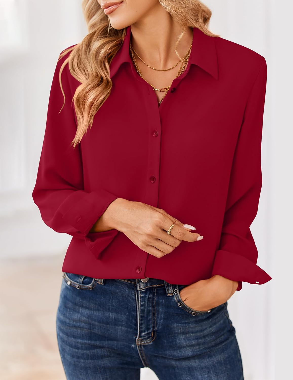 Zeagoo Women Blouses Chiffon Long Sleeve Button Down Shirts Business Causal Dressy Work Top V Neck Summer Spring Clothes - Image 2