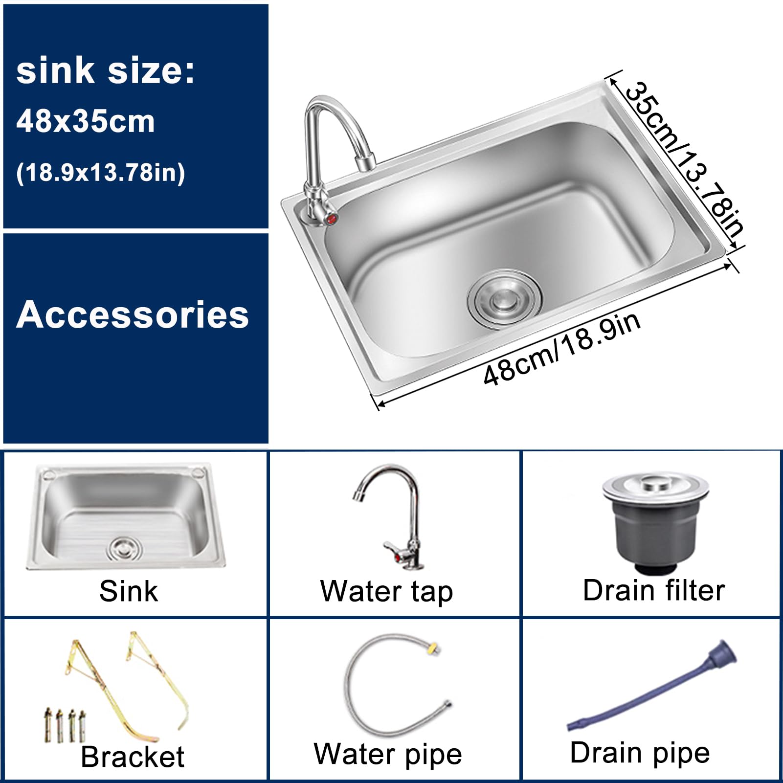 Lavello da Cucina,lavello a Parete in Acciaio Inox con Rubinetto,lavamani per Ristorante,per casa,Commerciale,Camper,Garage,Facile installare (48x35cm)