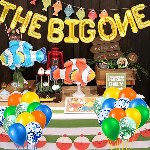 Miniatura 7 de The Big One - Suministros para fiesta de primer cumpleaños The Big One, mantel de Little Fisherman Banner Gone Fishing Cake Topper Ofishally One