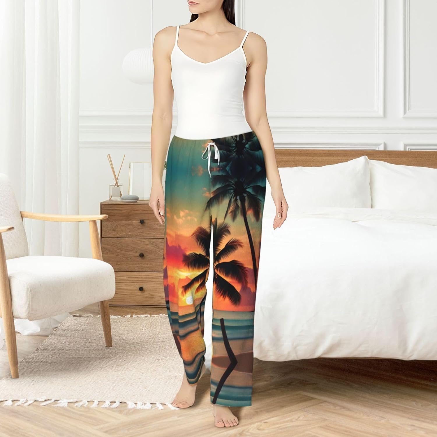 Tropical Beach Palm Tree Print Cozy Flannel Pajama Pants For Women,Warm Christmas Pj Pants,Cute Fleece Pajamas