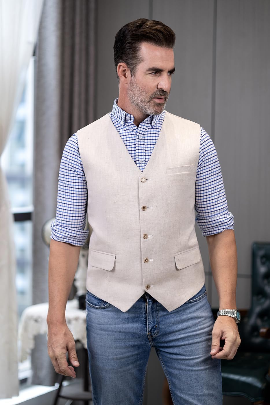 SOLOVEDRESS Men's Summer Leisure Cotton Linen Suit Vest Dress V Neck Waistcoat for Party and Beach - Image 4