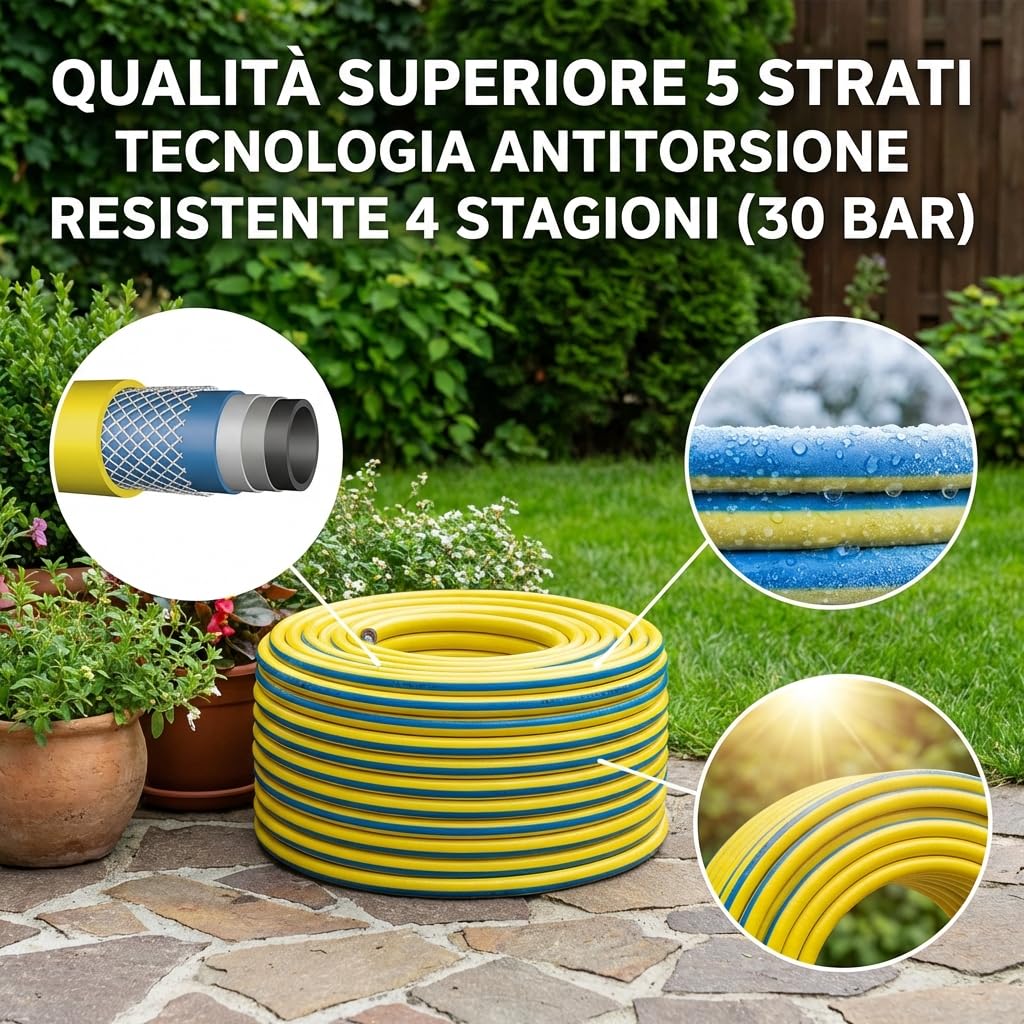 MAKA Tubo Acqua Giardino 1/2 5/8 3/4 1 Pollice 5 Strati Pressione 30 Bar Flessibile Doppio Rinforzo Tessile Retinato Magliato Antitorsione Resiste a Caldo Gelo UV 4 Stagioni (5/8 pollici, 50 metri)