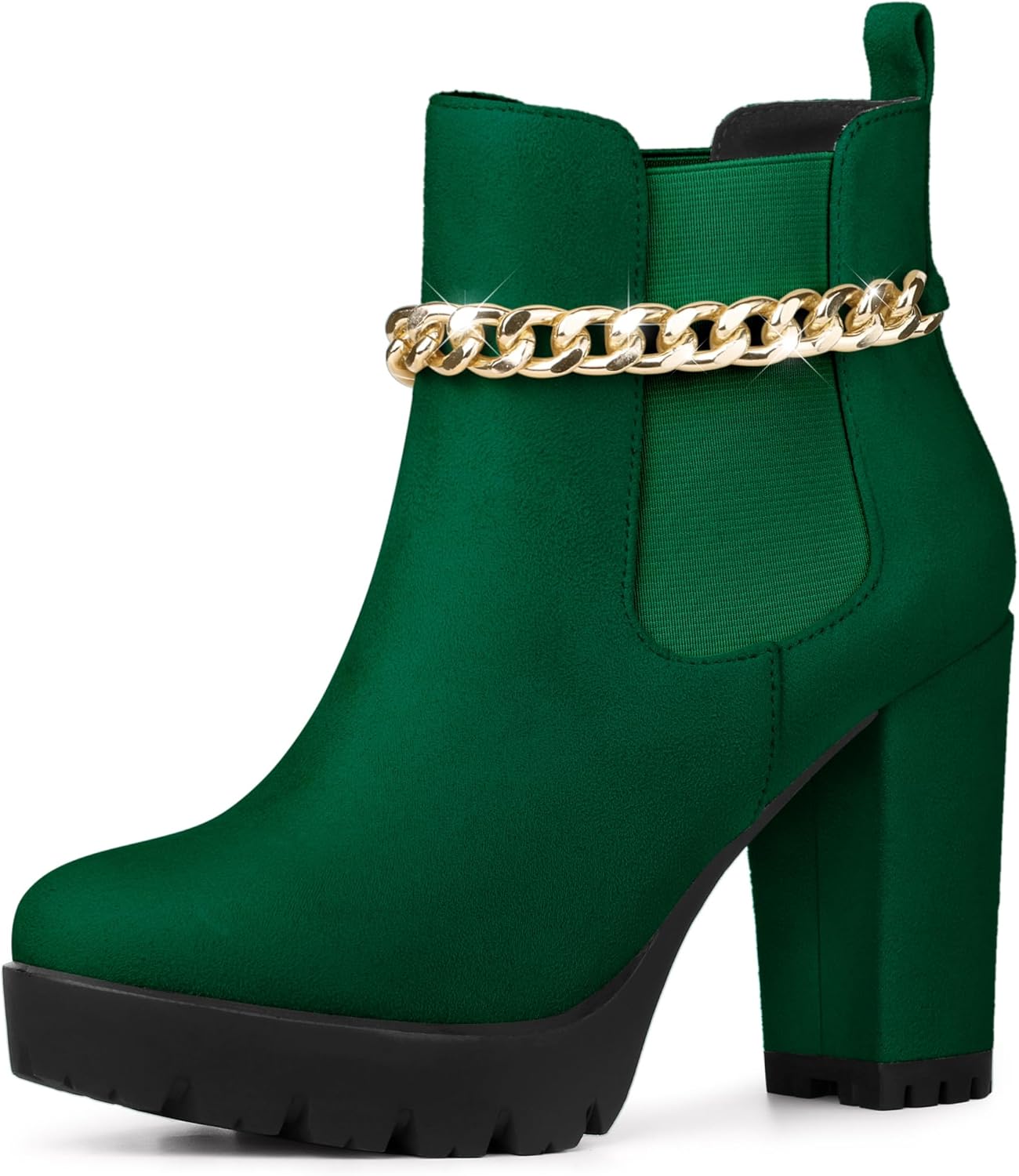 Allegra K Women's Platform Gold Chain Chunky High Heel Chelsea Ankle Boots