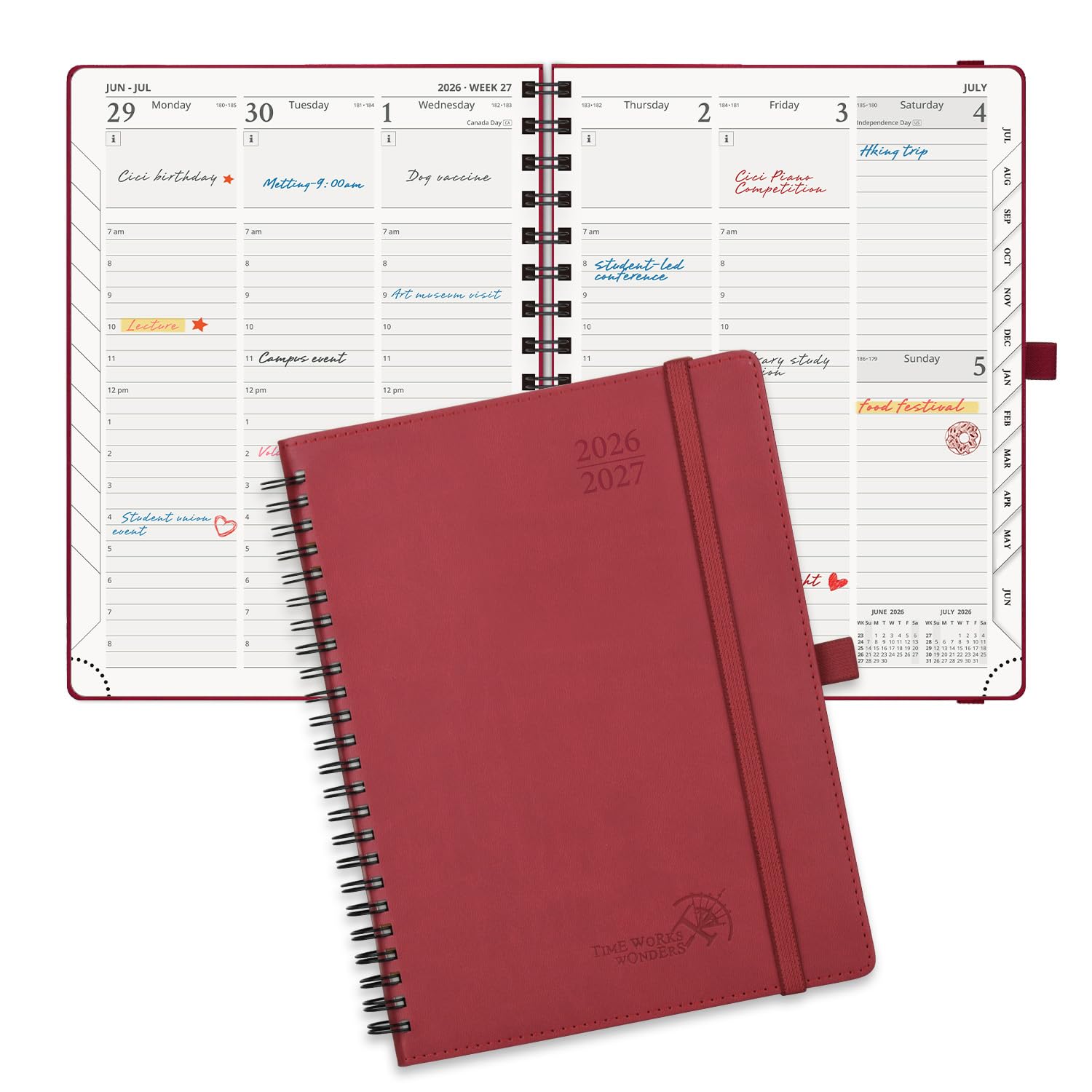 POPRUN Planner 2026-2027 (Medium - 6.5'' x 8.5'') Academic Weekly Calendar (July 2026 - June 2027) with Hourly Time Slots, Monthly Tabs, 100GSM Thick Papers, Spiral Leather Cover - Burgundy โ image 1