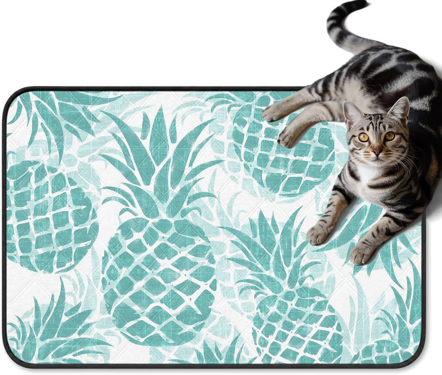 Teal Pineapples Washable Pee Pads for Dogs Summer Aesthetic Reusable Puppy Pad Waterproof & Non-Slip Dog Cat Food Mat for Crates, Indoor, Outdoor and Car Travel 24"x18"