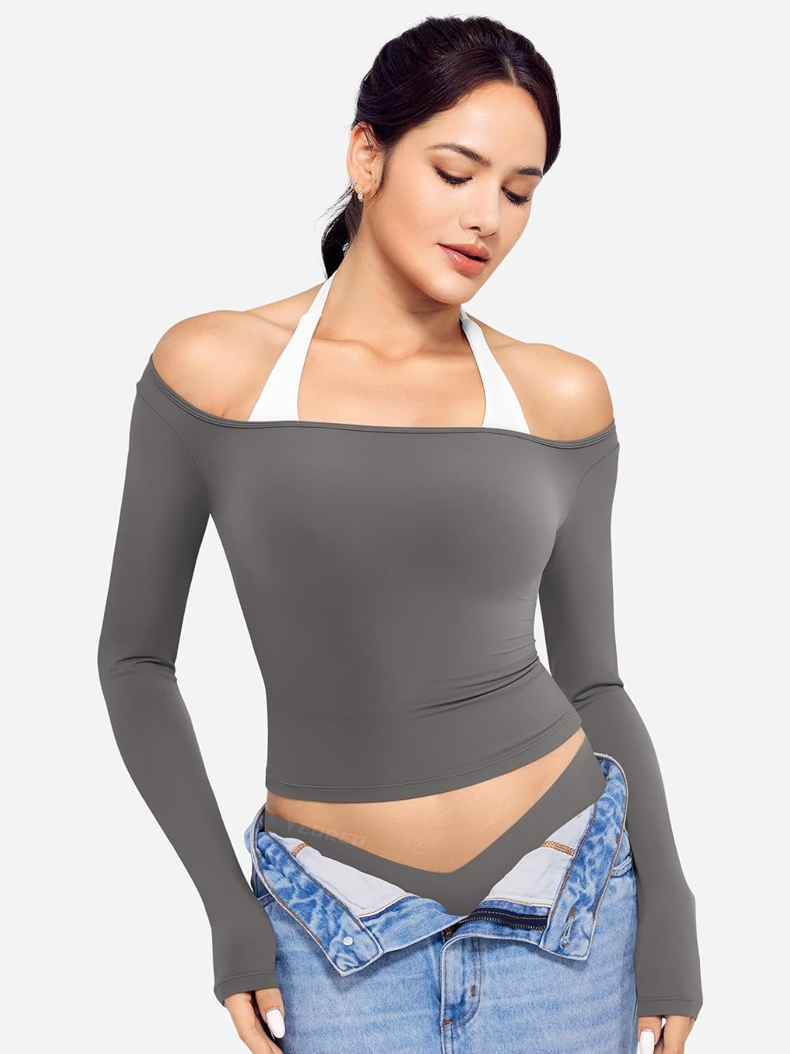 YEOREO Long Sleeve Workout Tops for Women Square Neck Slim Fitted Double Lined Compression Shirt Basic Casual Gym Yoga Tops - Image 4