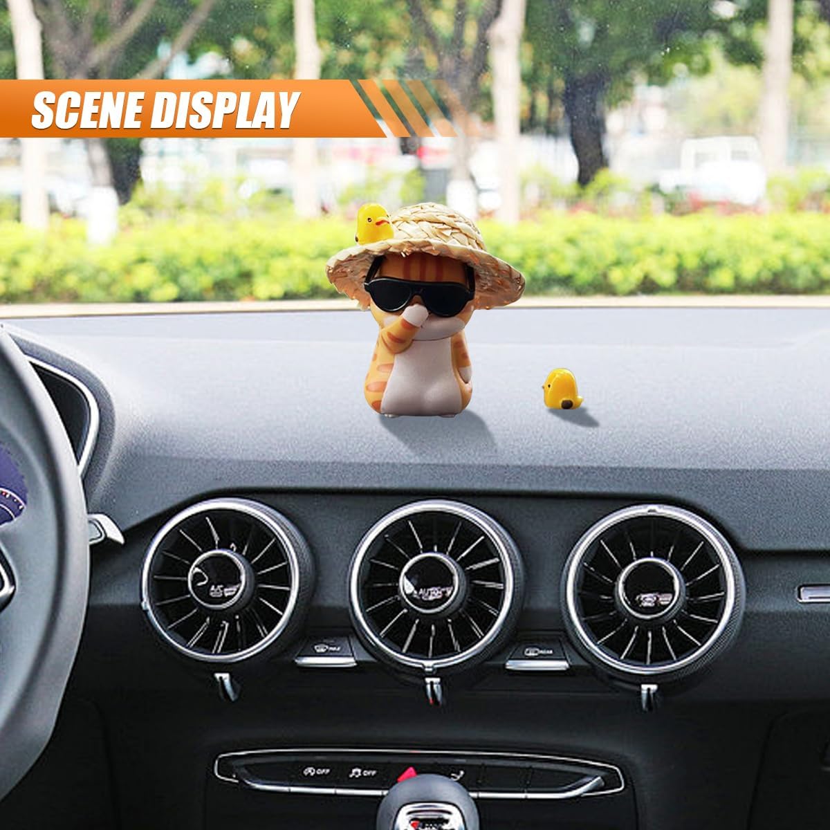 ZIMISI Cute Orange Cat Car Dashboard Decorations, Mini Animal Rear View Mirror Accessories with Kawaii Chicken, Cat Figurines Car Decorations, Cute Automotive Interior Accessories (Straw Hat)
