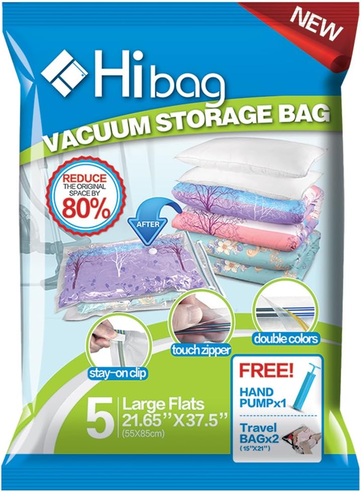 Hibag Premium Space Saver Bags, Pack of 5 Vacuum Compression Bags (Large Size) with 2 Free Roll Up Bags no Vacuum Needed and 1 Free Hand-Pump, Saving 80% More Storage Space