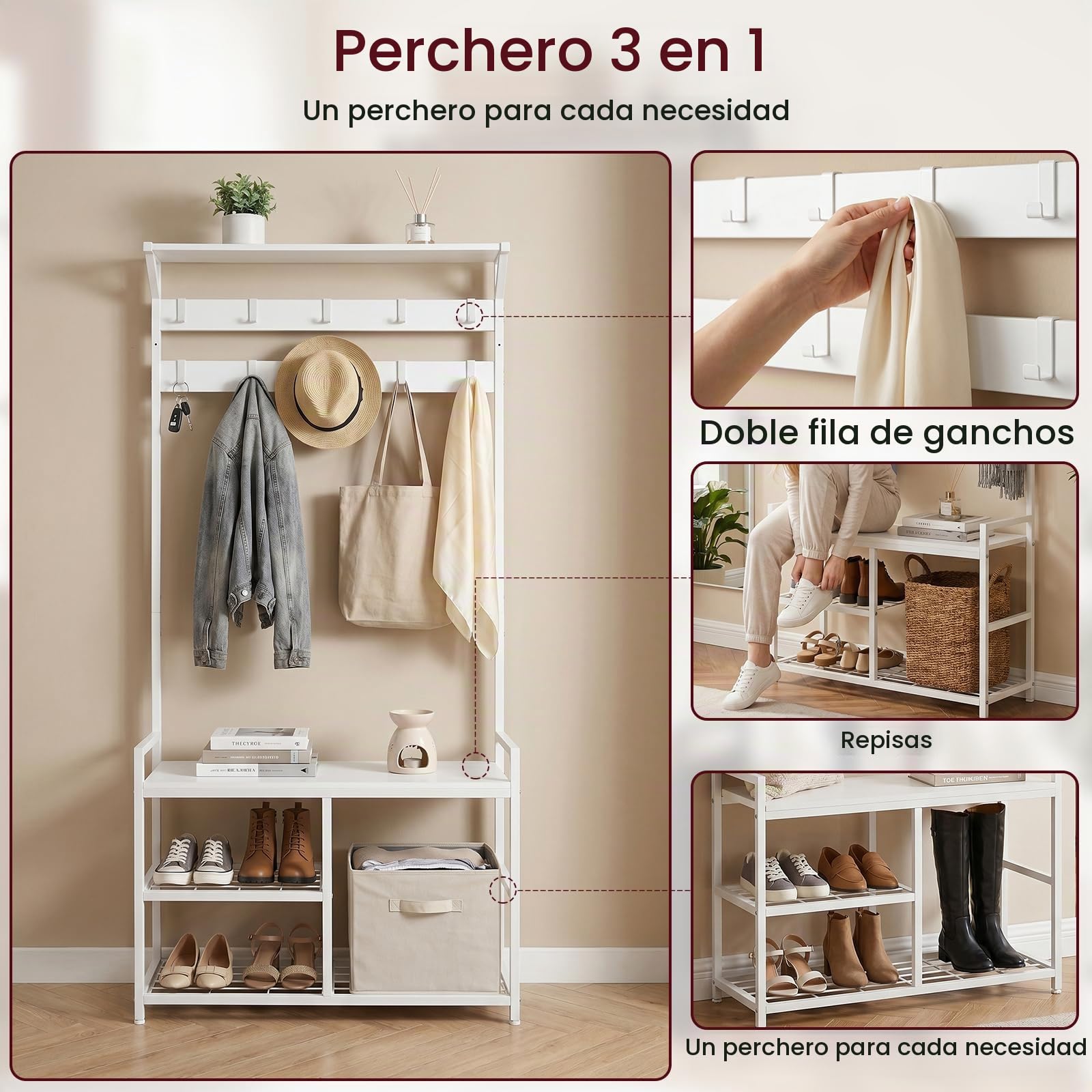 EGGREE Portarropa con portazapatos, Portarropa con 10 ganchos y estantes, capacidad de carga 100 kg, protección contra inclinación, para dormitorio pasillo, 84x30x182 cm, Blanco