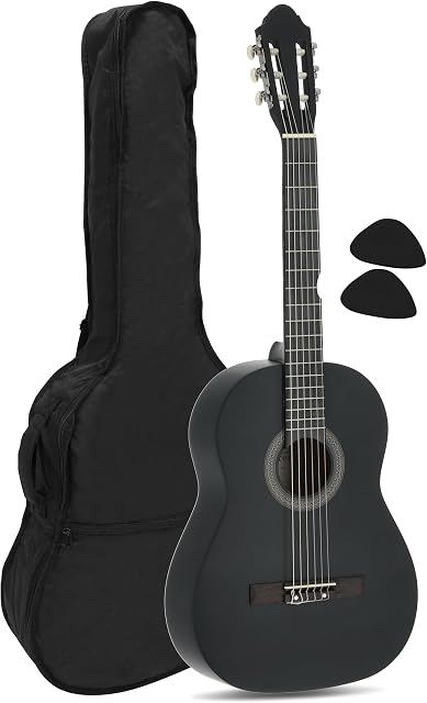NAVARREZ NV12 Gitara klasyczna 4/4 czarna z kremowymi oblamówkami, lekko wyściełany futerał z paskiem do plecaka i przegródką na nuty, 2 struny