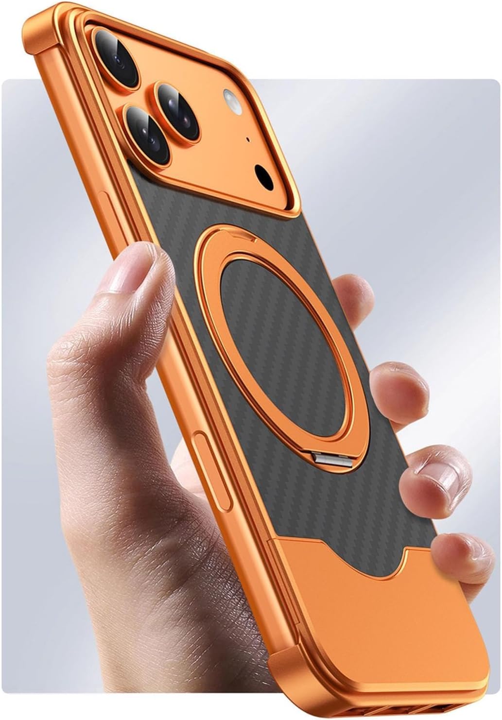 Magnetic Frameless Case for iPhone 17/17 Air/17 Pro/17 Pro Max, Metal Cool Ring Holder with Carbon Fiber Texture, Slim & Stylish Protective Shell(Black,17)