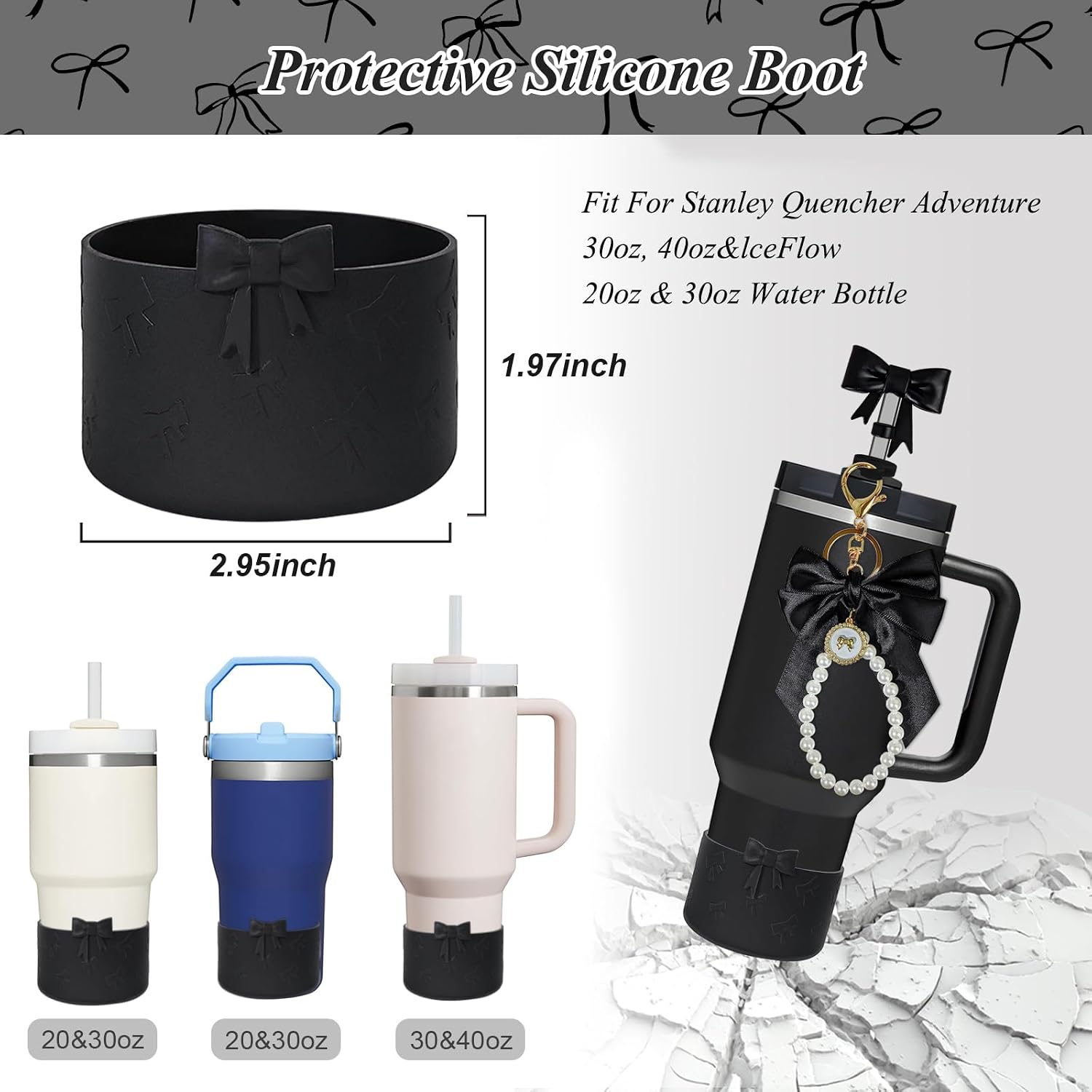 Bow Stanley Cup Accessories Set Including Siliocne Straw Cover, Siliocne Boot, Water Bottle Handle Strap, Stanley Charms for Stanley Cup 40oz 30oz Tumbler with Handle image 4