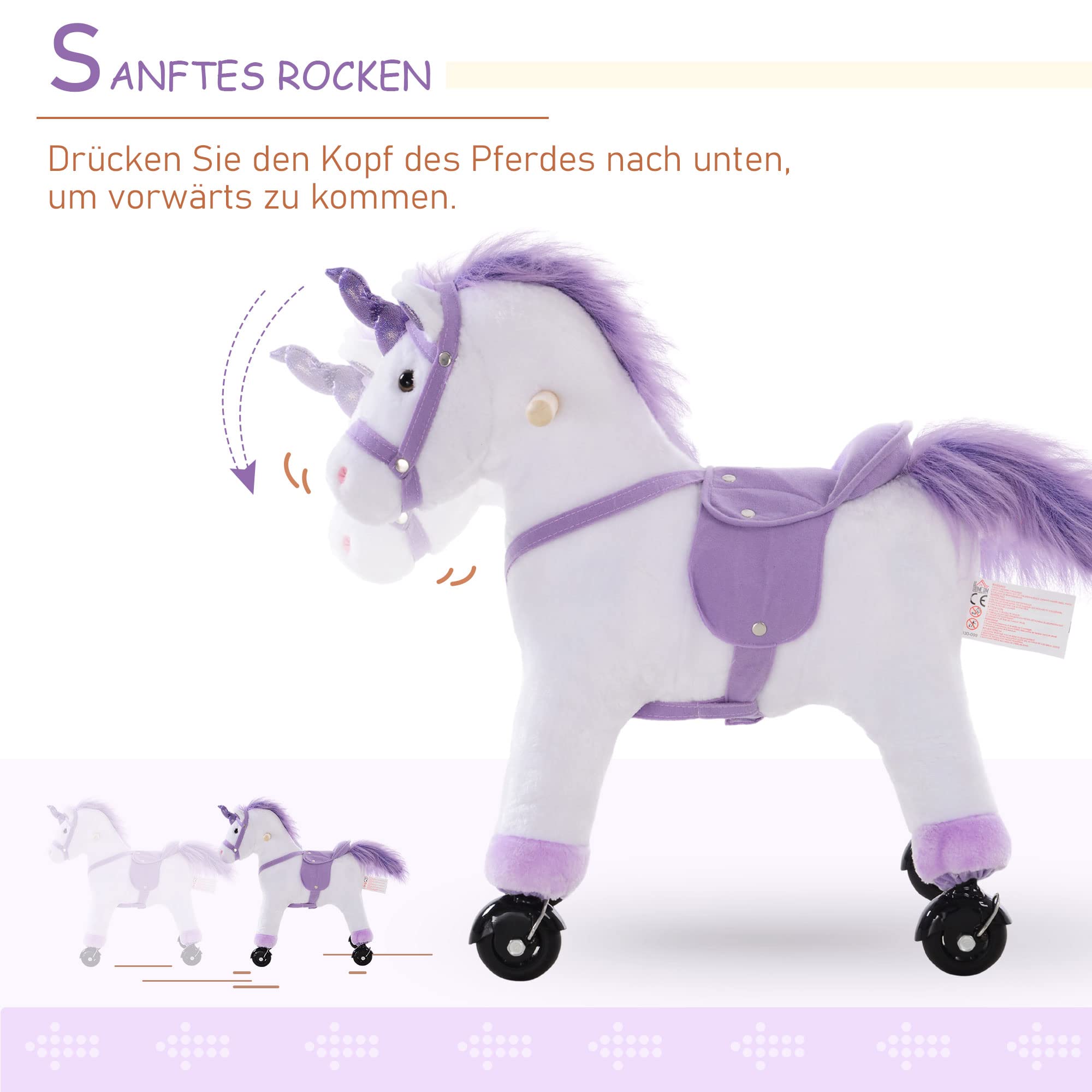 HOMCOM Reitpferd auf Rollen 60 cm Stehpferd mit Sattel, Sound Spielpferd zum Reiten Draufsitzen Schaukeltier Plüsch Pferd für Kinder ab 3 Jahre, Schaukelpferd Indoor Outdoor Lila
