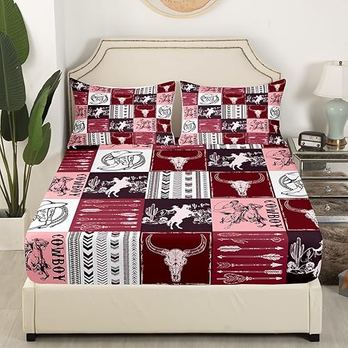 Miniatura 3 de Manfei Sábana bajera ajustable de vaquero, tamaño matrimonial, con 2 fundas de almohada, juego de ropa de cama de retazos de celosía burdeos, 3