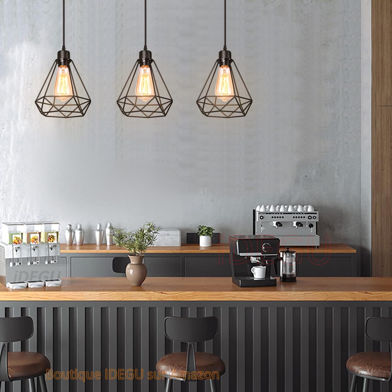 iDEGU 3 Luci Lampadario a Sospensione Industriale Vintage Lampada a Sospensione 20cm Metallo Gabbia Paralume Illuminazione E27 Lampadario da Soffitto per Soggiorno Cucina Sala da Pranzo (Nero, Barra)