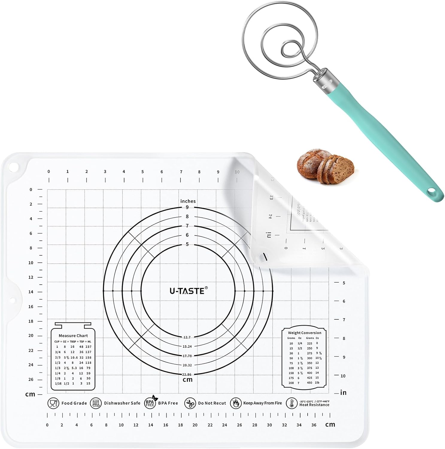 U-Taste 16"x20" Food-Grade Liquid Silicone Pastry Mat (Transparent) and 12.6in Stainless Steel Danish Dough Whisk (Aqua Sky)