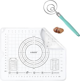 U-Taste 16"x20" Food-Grade Liquid Silicone Pastry Mat (Transparent) and 12.6in Stainless Steel Danish Dough Whisk (Aqua Sky)