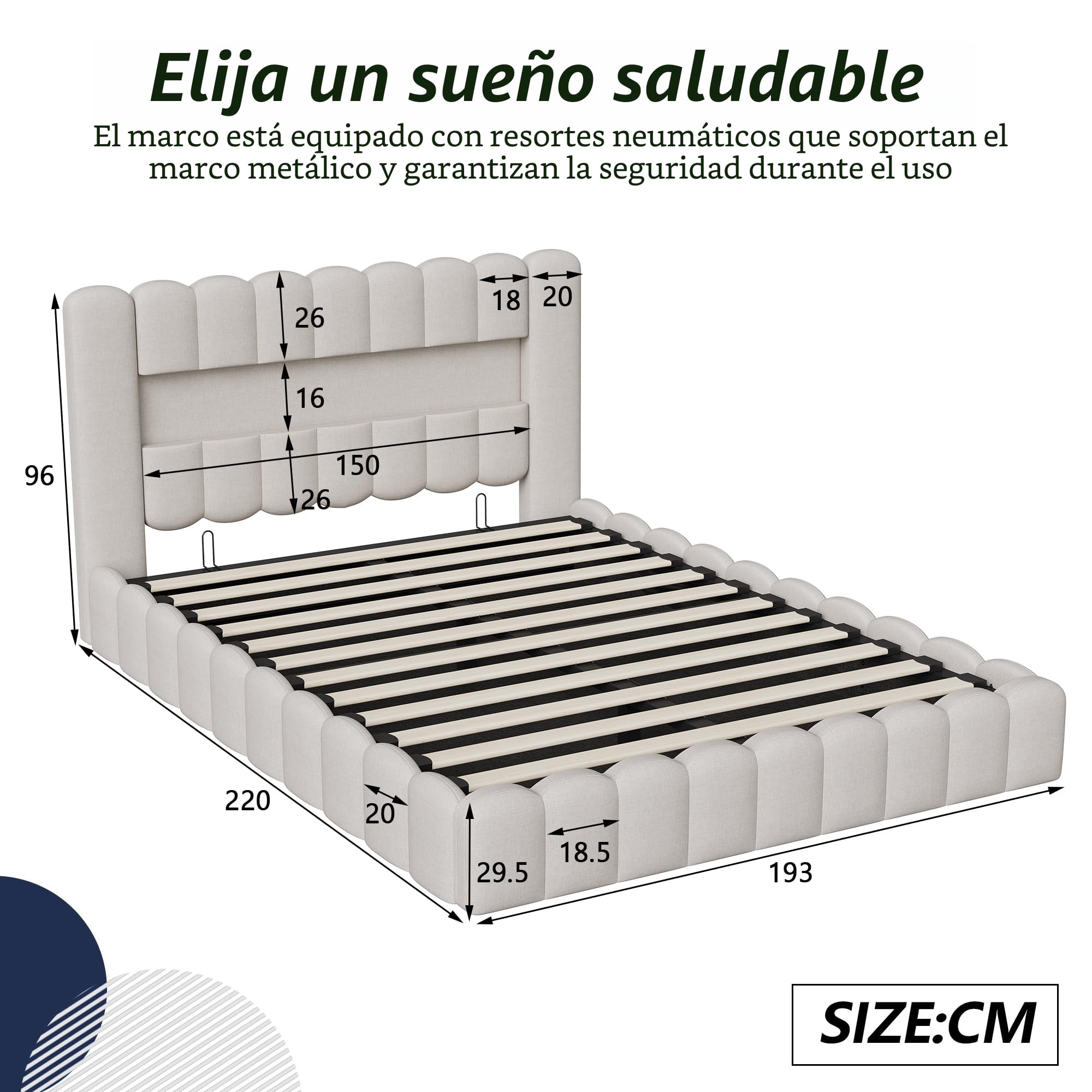 Cama tapizada 180x200 con Almacenamiento hidráulico, Cama Doble con LED y USB, Cama Juvenil con Cabecero Acolchado y Base de Láminas, Lino (Beige, 180 x 200cm