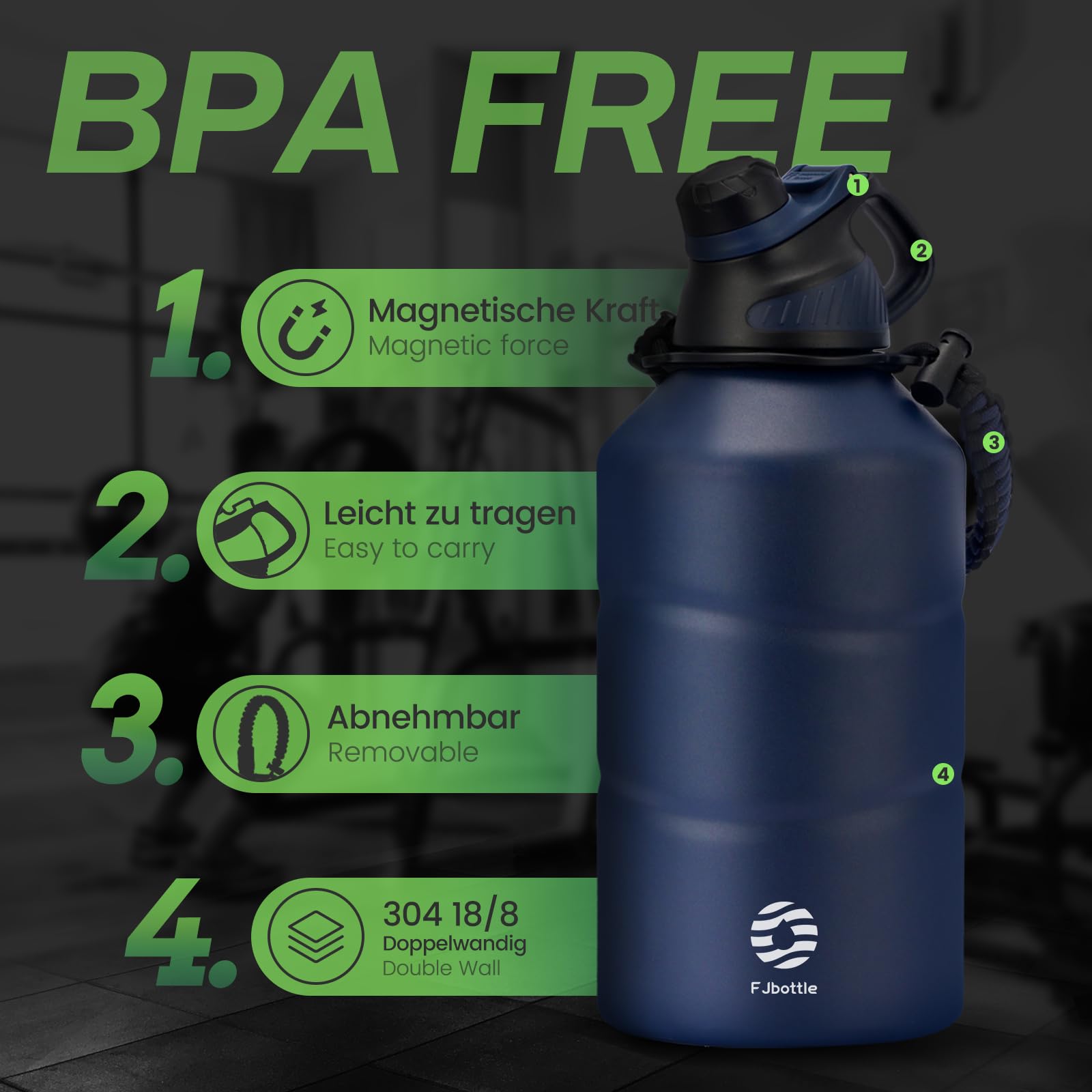 Fjbottle Borraccia Termica Palestra 1900ML - Senza Perdite - Sportiva Bottiglia con tappo magnetico, Borracce acciaio inox Senza BPA per Sport, Campeggio, Yoga