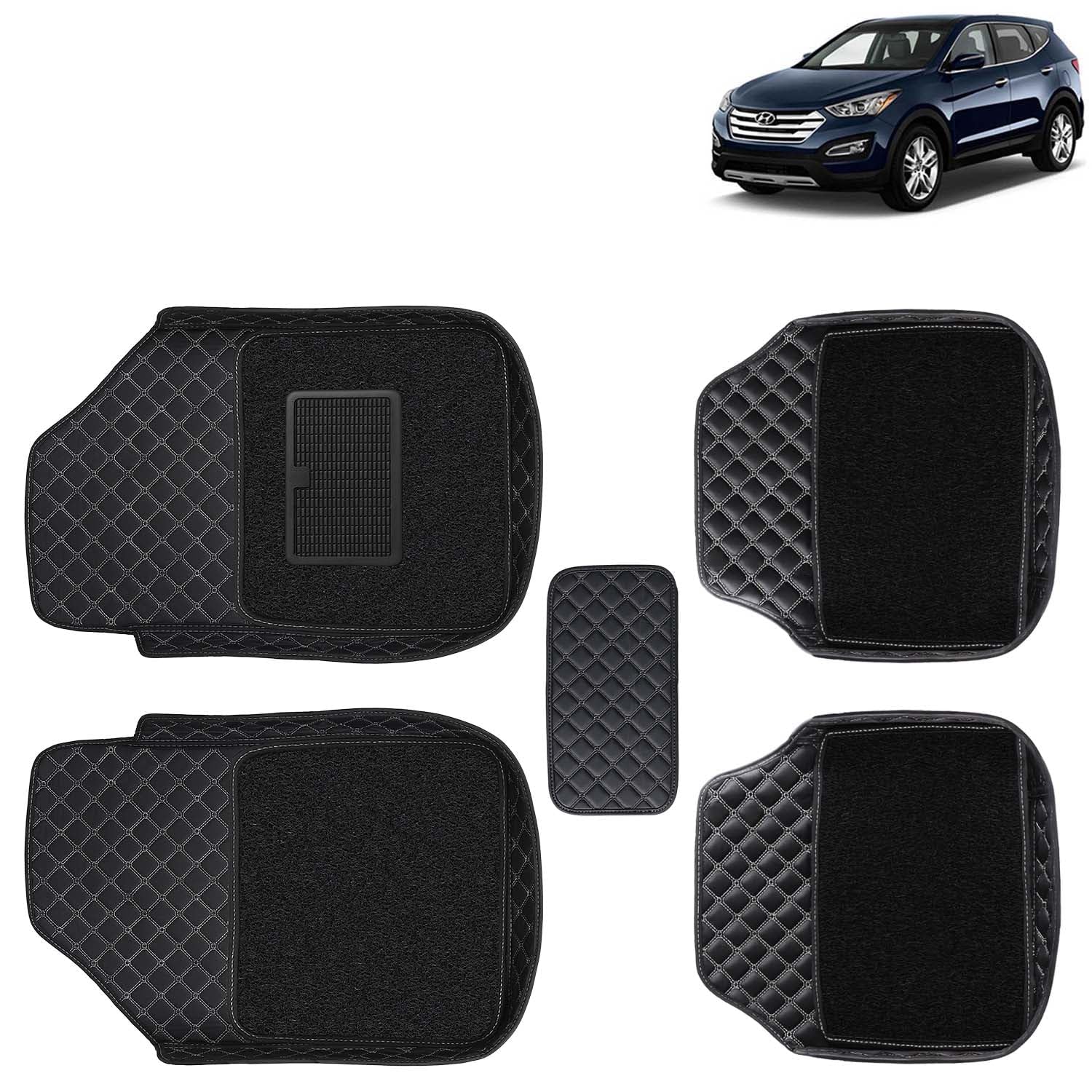KINGSWAY Accessories Universal Fit 7D Car Floor Foot Mats Compatible with Hyundai Santa Fe (Year 2013-2017) - Complete Set of 5 Pieces, PU Leatherette, 100% Waterproof All Weather Car Mat, Black