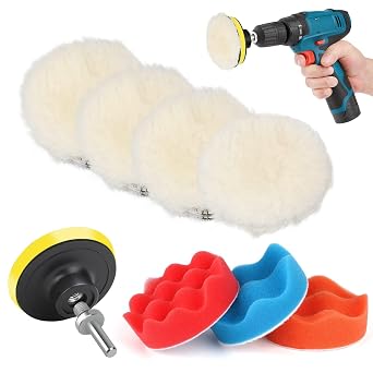 Linkstyle 9pcs Car Polishing Pads for Drill, 3 Inch Wool Sponge Buffing Pads with M10 Drill Adapter for Auto Waxing, Polishing, Sanding